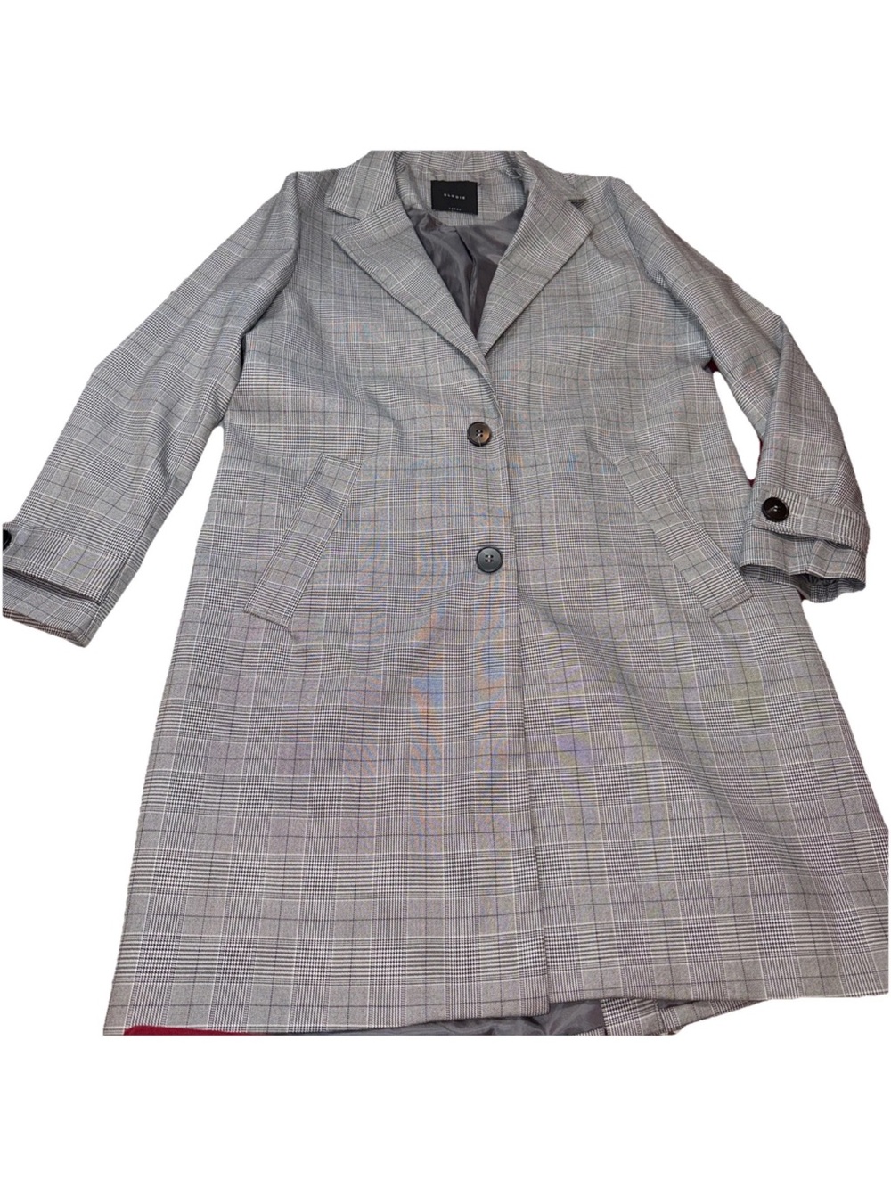 ELODIE black White PLAID 2 Button TRENCH COAT longer Jacket Lined Pockets Dressy